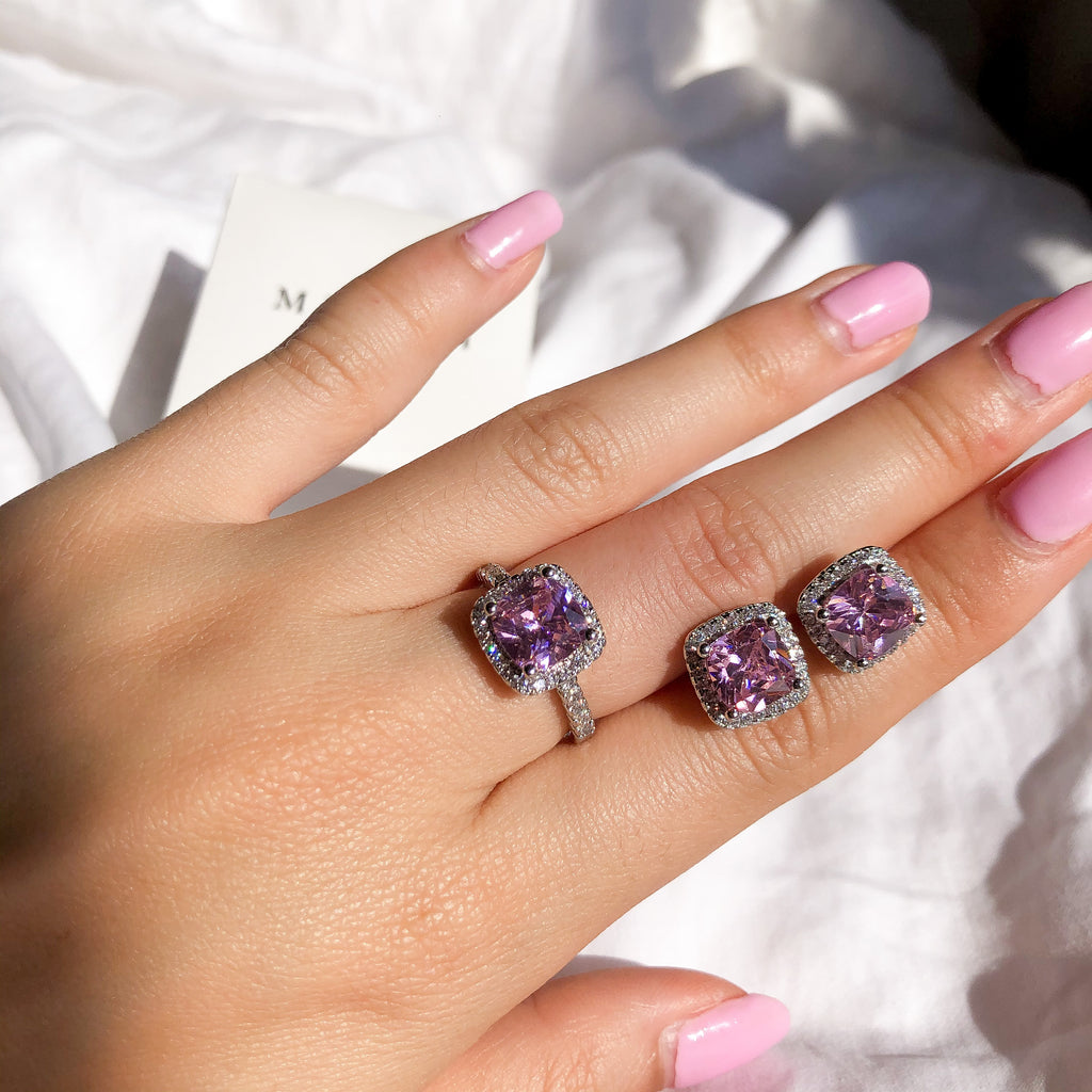 Luxury Pink Square Ring + Stud Set