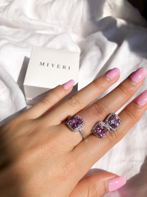 Luxury Pink Square Ring + Stud Set