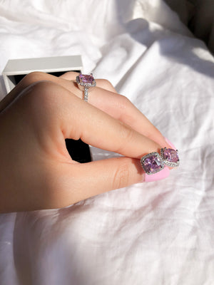 Luxury Pink Square Ring + Stud Set