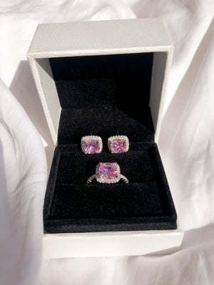 Luxury Pink Square Ring + Stud Set