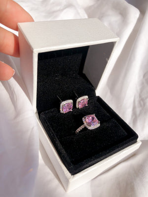 Luxury Pink Square Ring + Stud Set